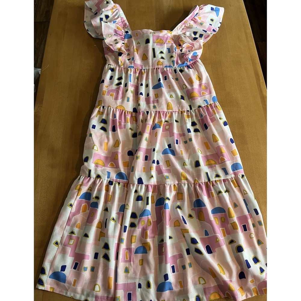 Crosby By Mollie Burch Women's Dress Geometric Pink Sundress Tie Back MIDI Sz S